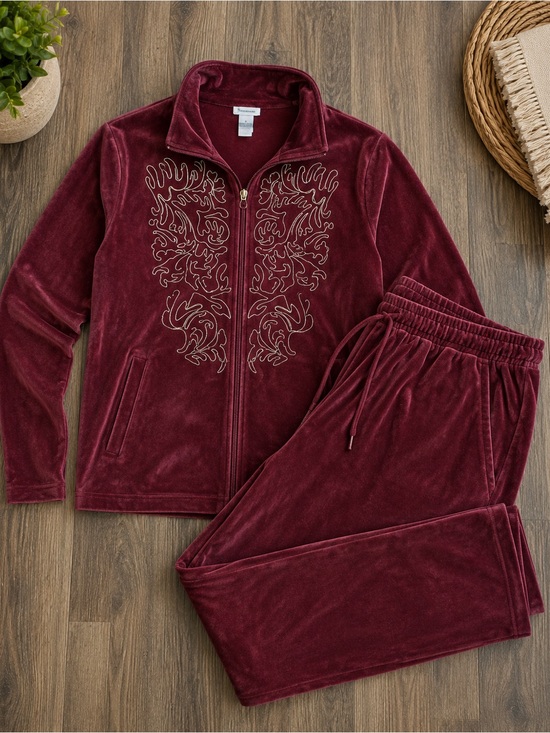 dlifestyle Pants - D'lifestyle Velour Zip Hoodie and Pants Set in Deep Wine